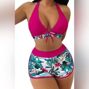 MakeMeChic Women's Halter Top Floral Swim Shorts Bikini Set 2 Piece Swimsuit‎ XL